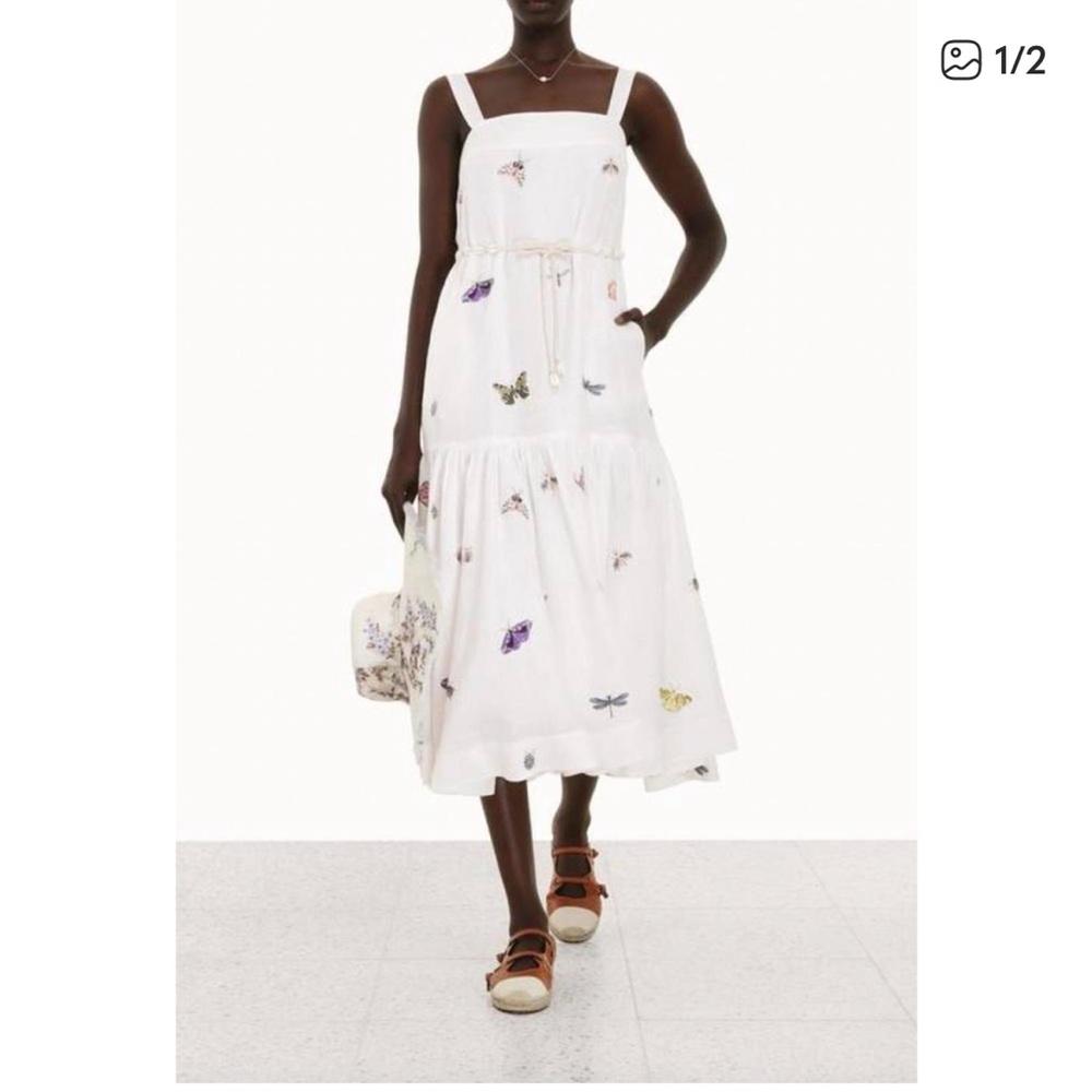Zimmermann Jeannie White Maxi Dress with Multicolor Butterfly Embroidery